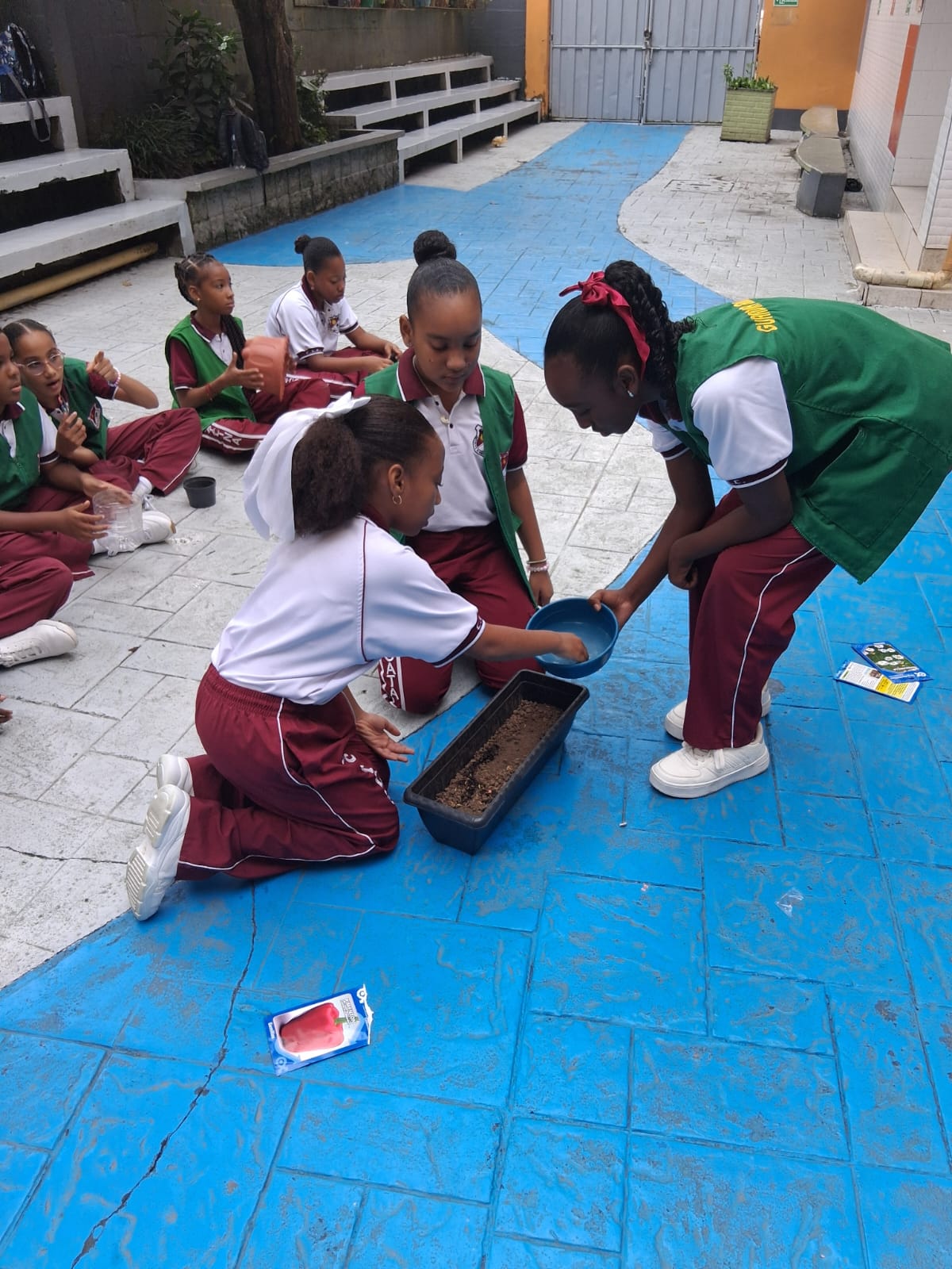 Estudiantes regando semillas
